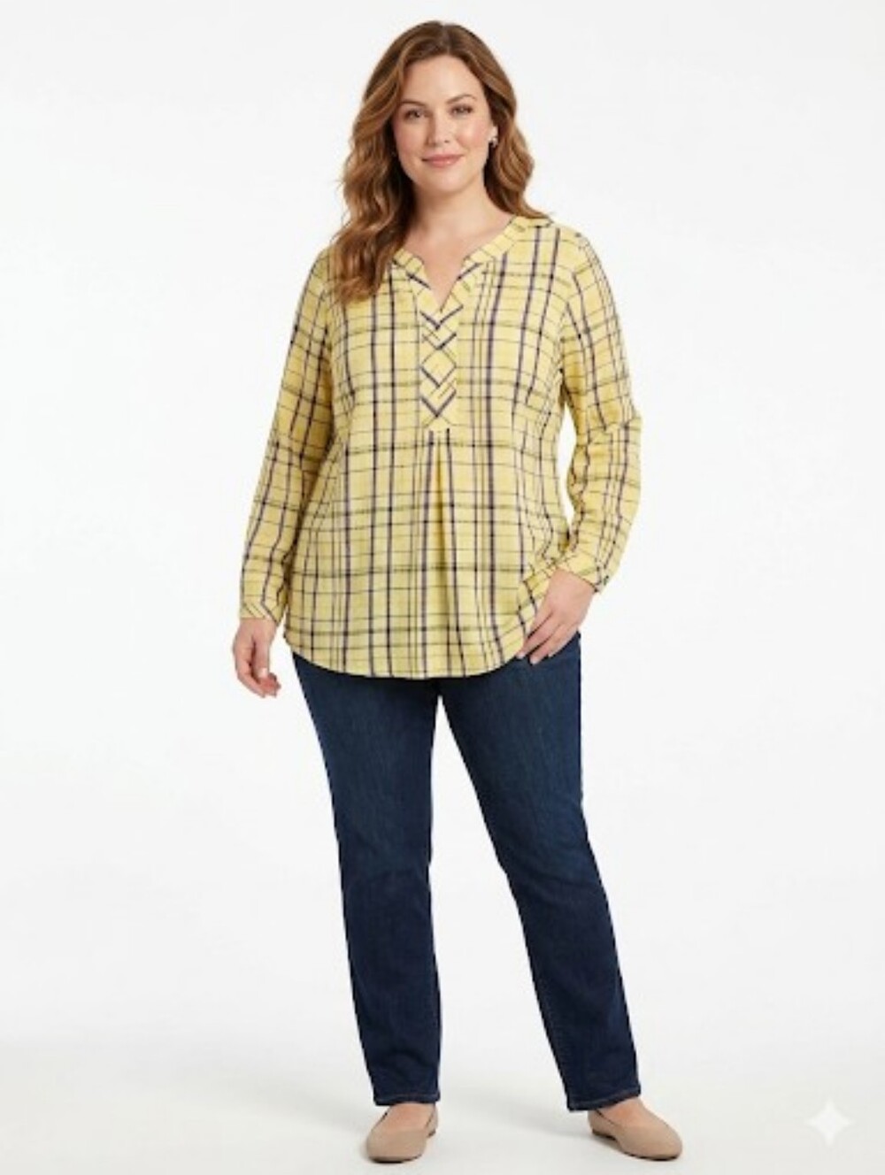 C.J. Banks Yellow Purple Plaid Check Tunic Blouse Top Plus Size 1X
